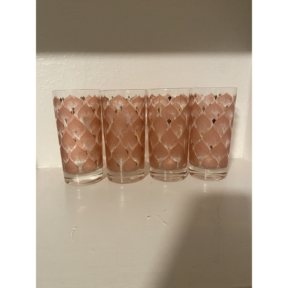 Vintage MCM Fred Press Glass Tumbler Set Of Four Pink And Gold High Ball Glasses